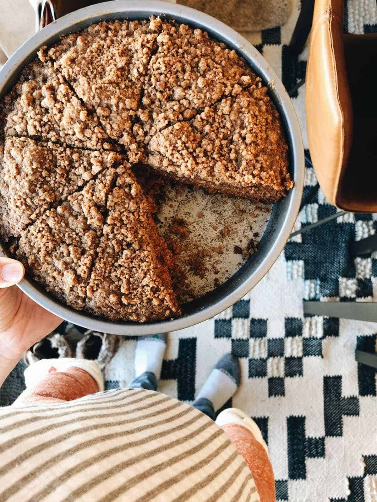 Coffee cake sliced in a bowl.