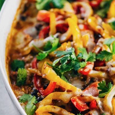 Easy Mexican Chicken Quinoa Casserole in a casserole dish.
